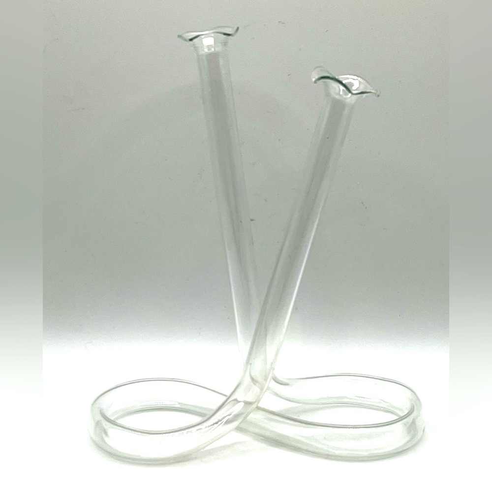 VTG Hand Blown Infinity Tube Clear Glass Double Bud Vase Ruffled Edges MCM